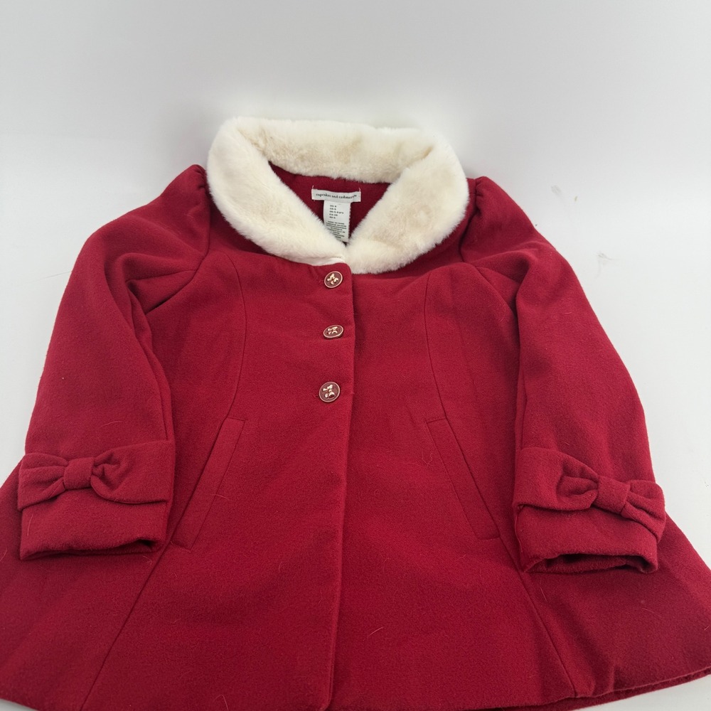 Cupcakes and Cashmere Girls Red Faux Fur Collar Bow Pea Coat Size 6